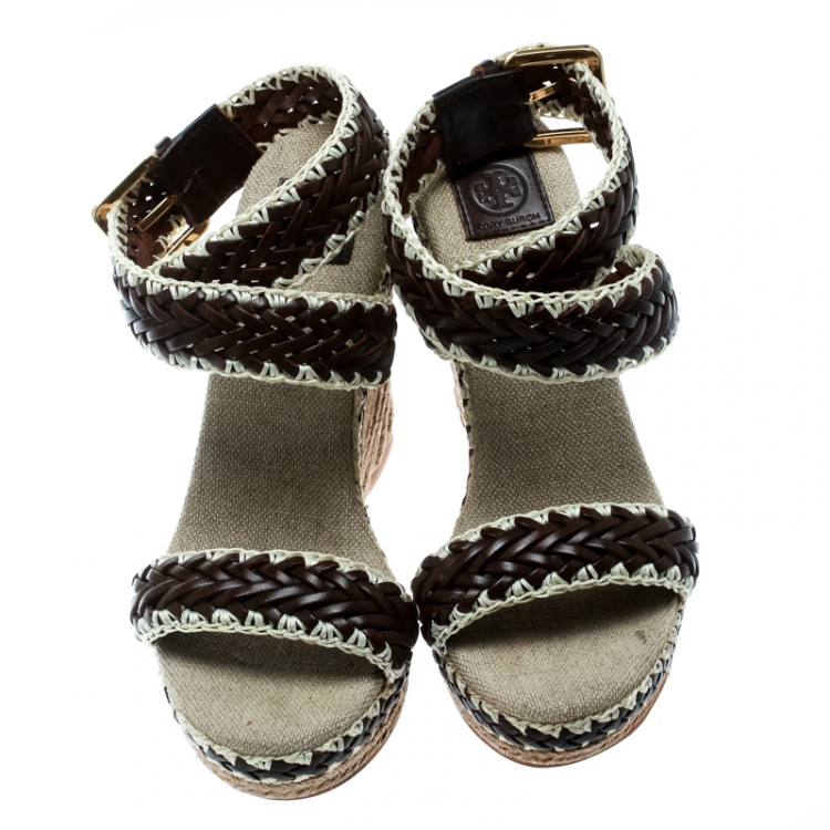 Pre Owned Tory Burch Two Tone Woven Leather Paloma Ankle Strap Espadrille Wedge Sandals Size 36.5