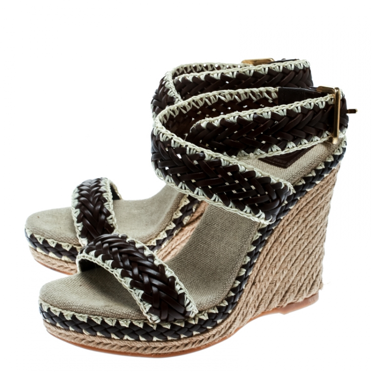 Pre Owned Tory Burch Two Tone Woven Leather Paloma Ankle Strap Espadrille Wedge Sandals Size 36.5
