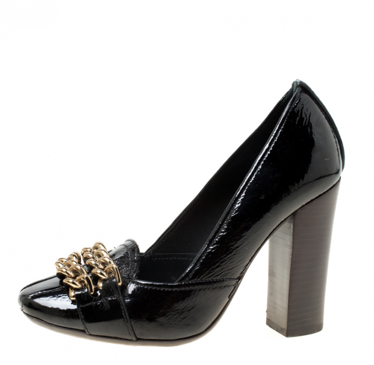 Pre Owned Tory Burch Black Patent Leather Hana Metal Chain Pumps Size 35.5