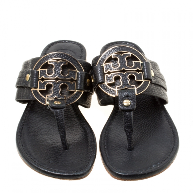 Pre Owned Tory Burch Black Leather Flat Thong Sandals Size 35.5