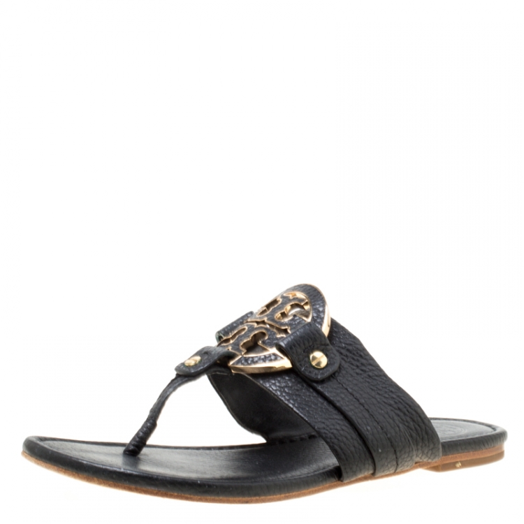 Pre Owned Tory Burch Black Leather Flat Thong Sandals Size 35.5