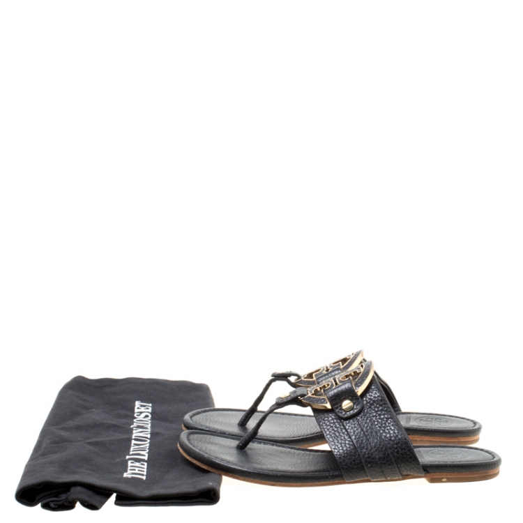 Pre Owned Tory Burch Black Leather Flat Thong Sandals Size 35.5