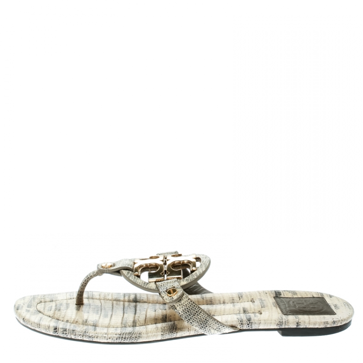 Pre Owned Tory Burch Beige Lizard Leather Miller Flat Thong Sandals Size 39.5