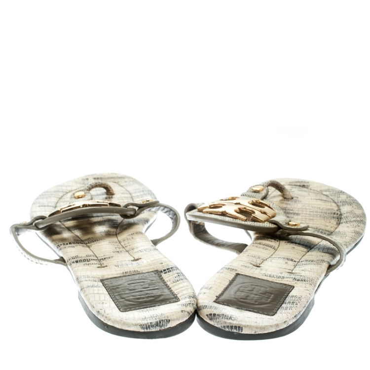 Pre Owned Tory Burch Beige Lizard Leather Miller Flat Thong Sandals Size 39.5