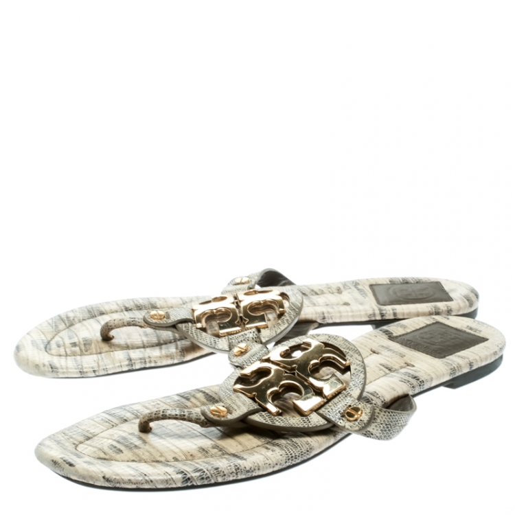 Pre Owned Tory Burch Beige Lizard Leather Miller Flat Thong Sandals Size 39.5
