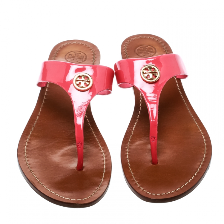 Pre Owned Tory Burch Bougainvillea Pink Patent Leather Cameron Flat Thong Sandals Size 39