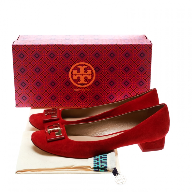 Pre Owned Tory Burch Red Suede Gigi Block Heel Pumps Size 39