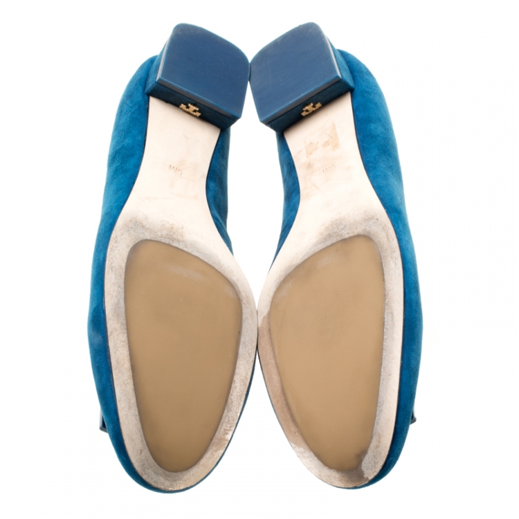 Pre Owned Tory Burch Blue Suede Gigi Block Heel Pumps Size 39