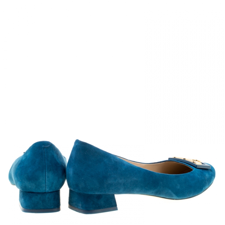 Pre Owned Tory Burch Blue Suede Gigi Block Heel Pumps Size 39