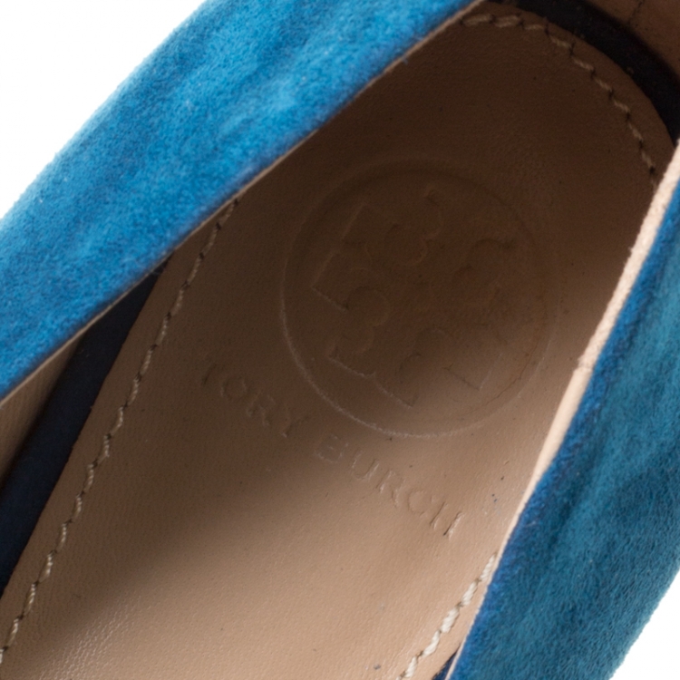 Pre Owned Tory Burch Blue Suede Gigi Block Heel Pumps Size 39