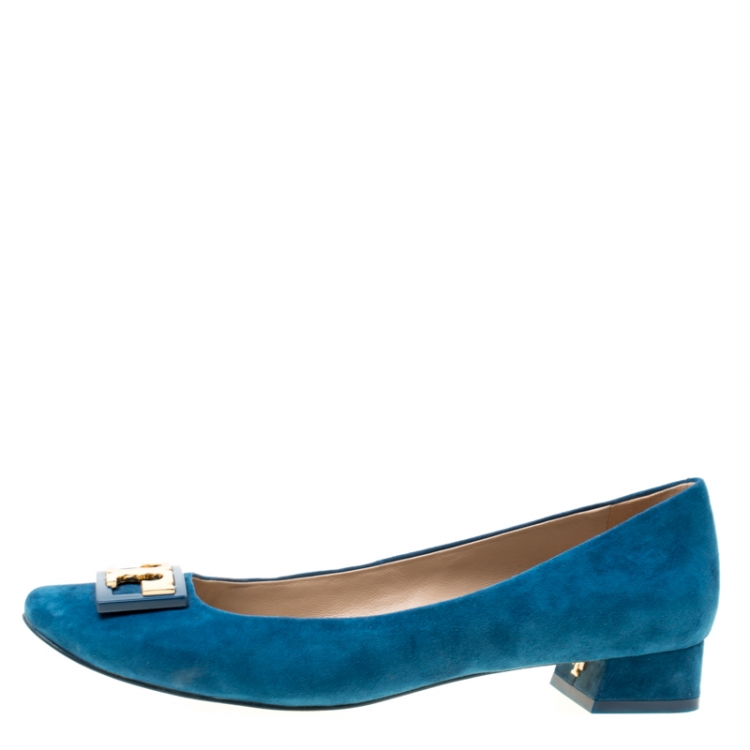 Pre Owned Tory Burch Blue Suede Gigi Block Heel Pumps Size 39