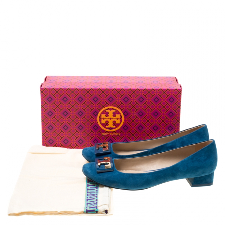 Pre Owned Tory Burch Blue Suede Gigi Block Heel Pumps Size 39