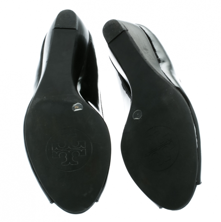 Pre Owned Tory Burch Black Patent Leather Reva Peep Toe Ballet Flats Size 39
