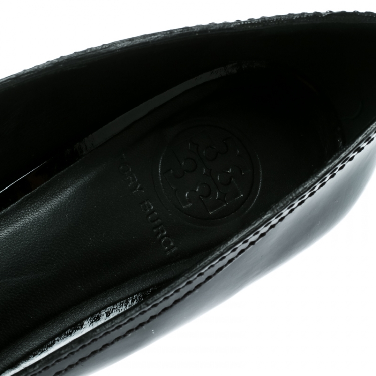 Pre Owned Tory Burch Black Patent Leather Reva Peep Toe Ballet Flats Size 39