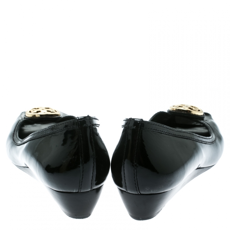Pre Owned Tory Burch Black Patent Leather Reva Peep Toe Ballet Flats Size 39