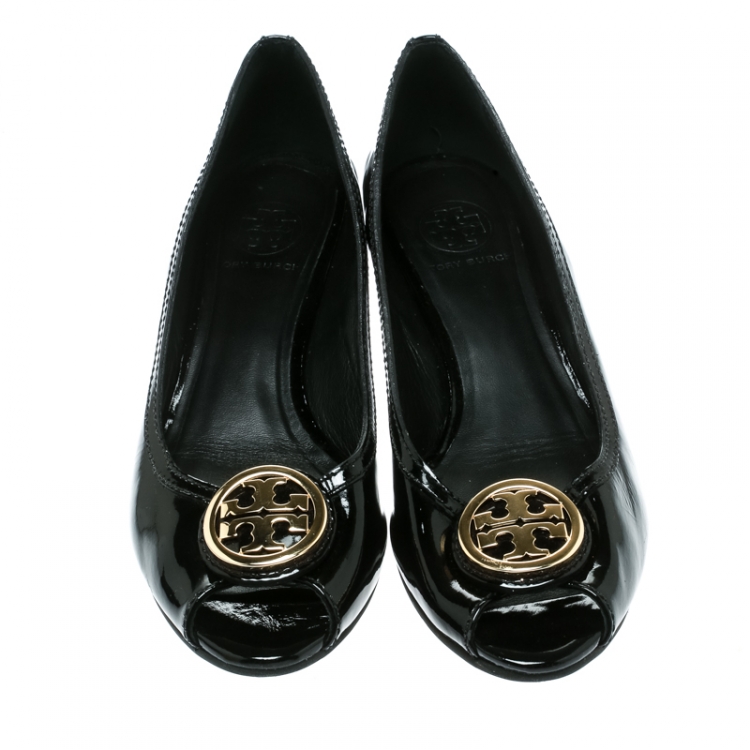 Pre Owned Tory Burch Black Patent Leather Reva Peep Toe Ballet Flats Size 39