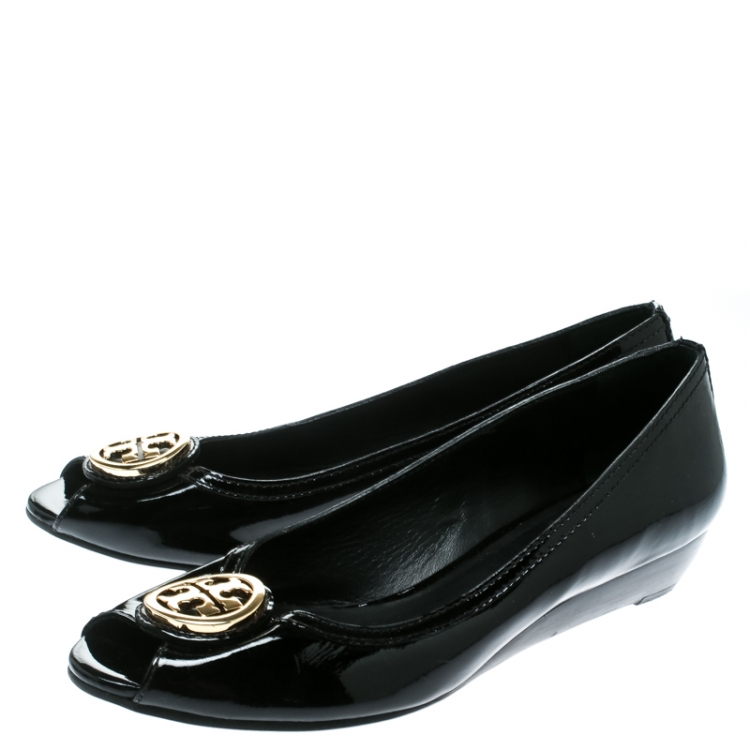 Pre Owned Tory Burch Black Patent Leather Reva Peep Toe Ballet Flats Size 39
