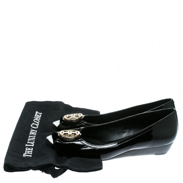 Pre Owned Tory Burch Black Patent Leather Reva Peep Toe Ballet Flats Size 39