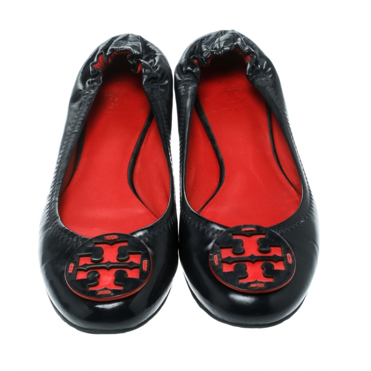 Pre Owned Tory Burch Dark Blue Leather Minnie Scrunch Ballet Flats Size 38