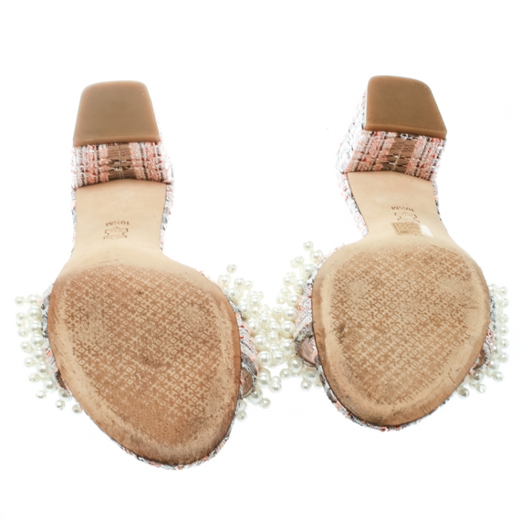 Pre Owned  Tory Burch Pink/Silver Embroidered Fabric Tatiana Pearl Sandals Size 40.5