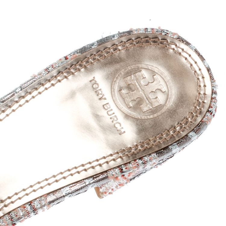 Pre Owned  Tory Burch Pink/Silver Embroidered Fabric Tatiana Pearl Sandals Size 40.5