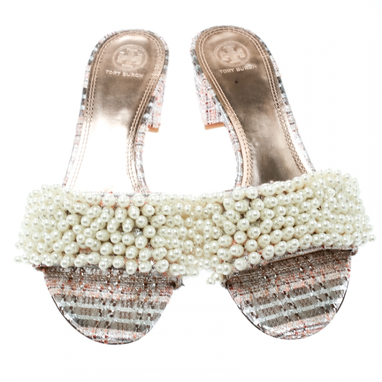 Pre Owned  Tory Burch Pink/Silver Embroidered Fabric Tatiana Pearl Sandals Size 40.5