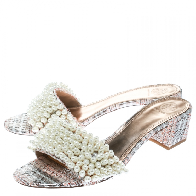 Pre Owned  Tory Burch Pink/Silver Embroidered Fabric Tatiana Pearl Sandals Size 40.5
