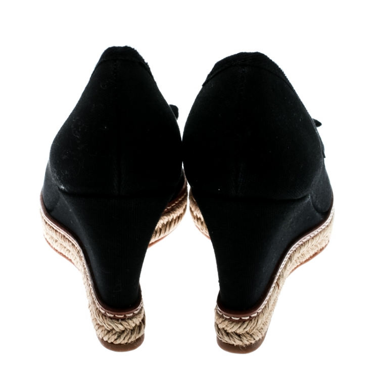 Pre Owned Tory Burch Black Canvas Jackie Espadrille Wedge Pumps Size 40