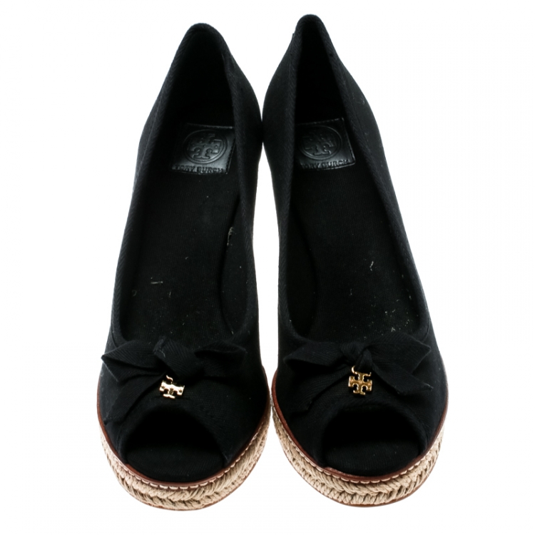 Pre Owned Tory Burch Black Canvas Jackie Espadrille Wedge Pumps Size 40