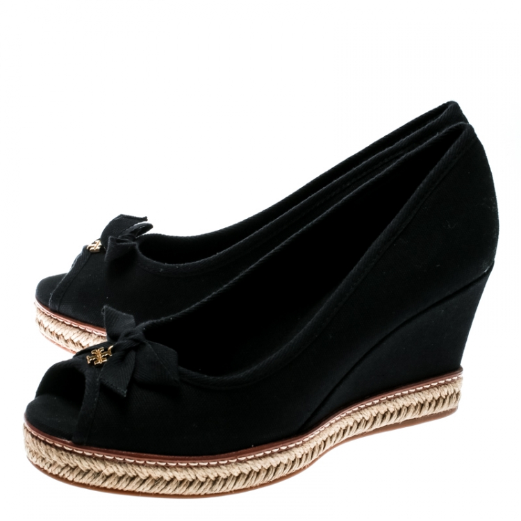 Pre Owned Tory Burch Black Canvas Jackie Espadrille Wedge Pumps Size 40