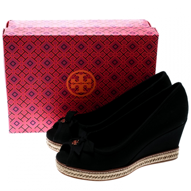 Pre Owned Tory Burch Black Canvas Jackie Espadrille Wedge Pumps Size 40