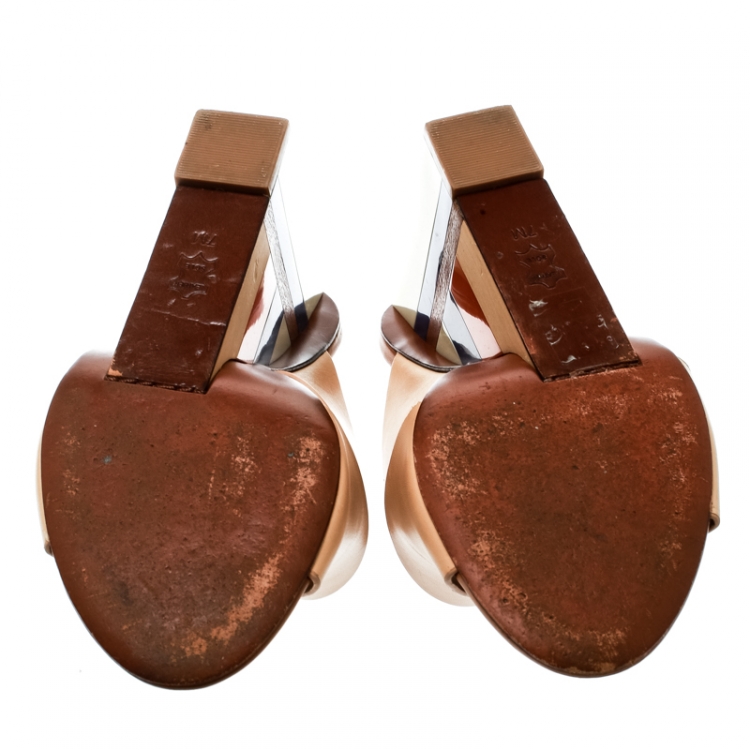 Pre Owned Tory Burch Beige Leather Colorblock Wedge Slide Sandals Size 37
