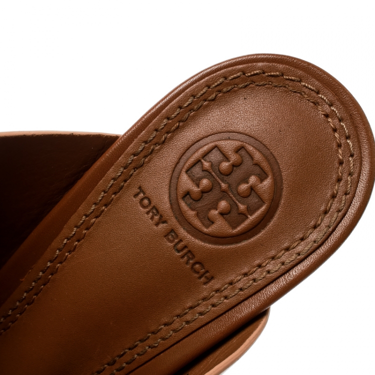 Pre Owned Tory Burch Beige Leather Colorblock Wedge Slide Sandals Size 37