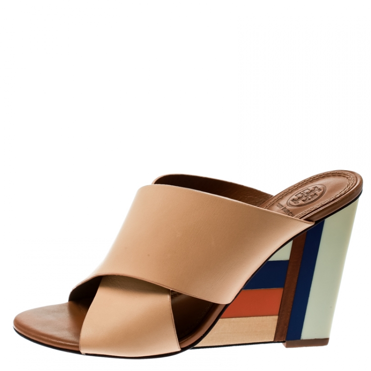 Pre Owned Tory Burch Beige Leather Colorblock Wedge Slide Sandals Size 37