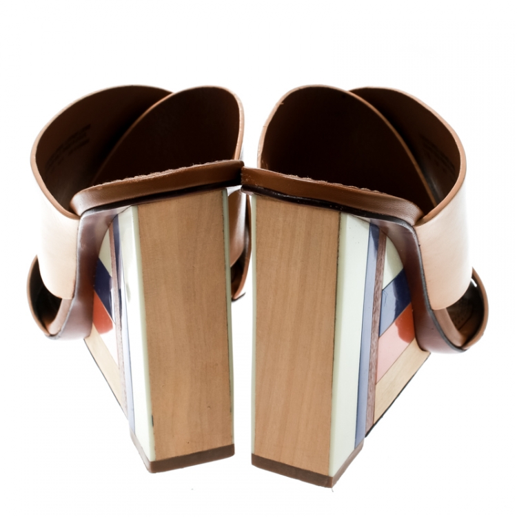 Pre Owned Tory Burch Beige Leather Colorblock Wedge Slide Sandals Size 37