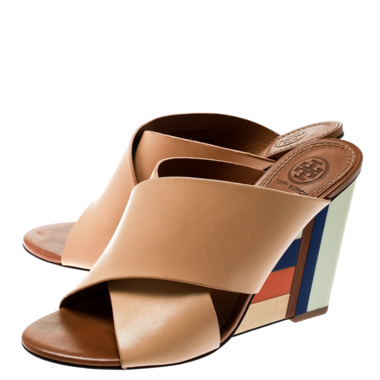 Pre Owned Tory Burch Beige Leather Colorblock Wedge Slide Sandals Size 37