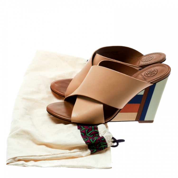 Pre Owned Tory Burch Beige Leather Colorblock Wedge Slide Sandals Size 37