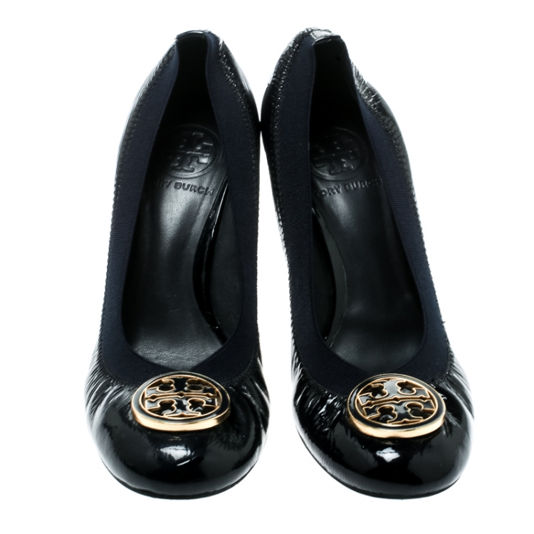 Pre Owned Tory Burch Blue Patent Leather Caroline Reva Scrunch Pumps Size 36.5