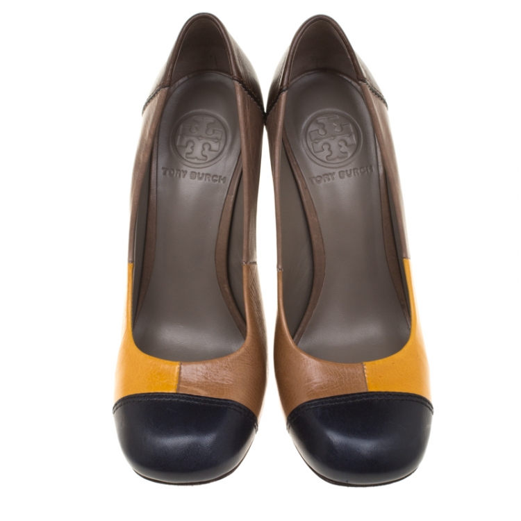 Pre Owned Tory Burch Multicolor Leather Taupe Block Heel Pumps Size 36