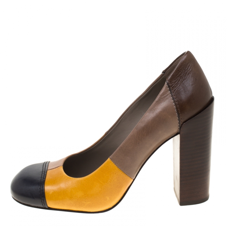 Pre Owned Tory Burch Multicolor Leather Taupe Block Heel Pumps Size 36