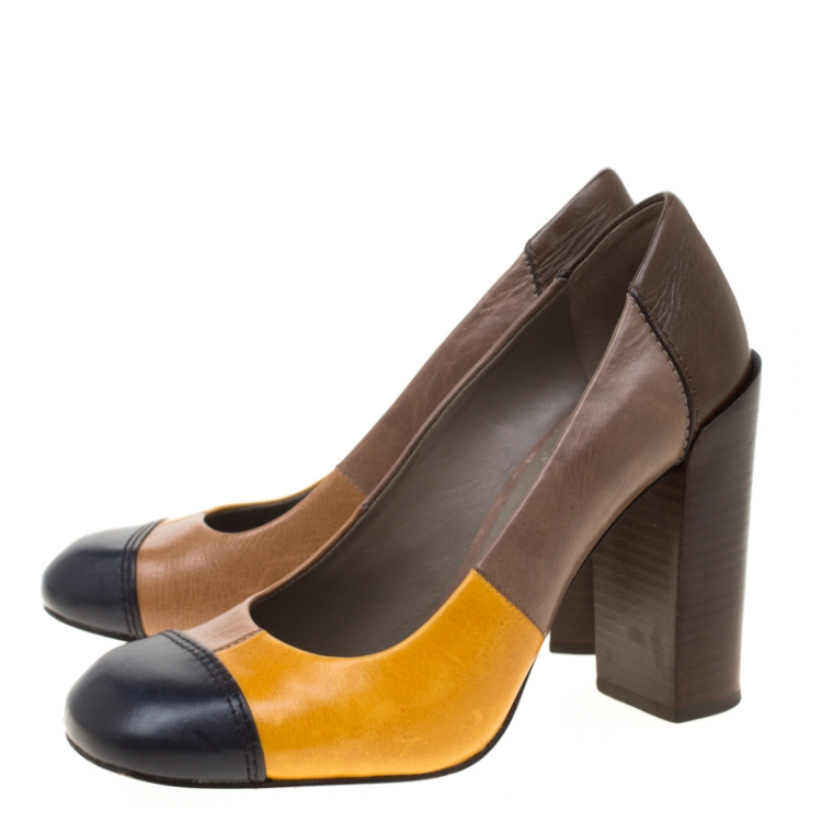 Pre Owned Tory Burch Multicolor Leather Taupe Block Heel Pumps Size 36