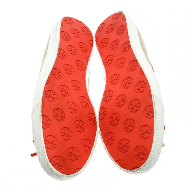 Pre Owned Tory Burch Beige Quilted Canvas And Orange Patent Leather Schuyler Ballet Flats Size 39.5