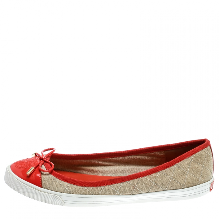 Pre Owned Tory Burch Beige Quilted Canvas And Orange Patent Leather Schuyler Ballet Flats Size 39.5