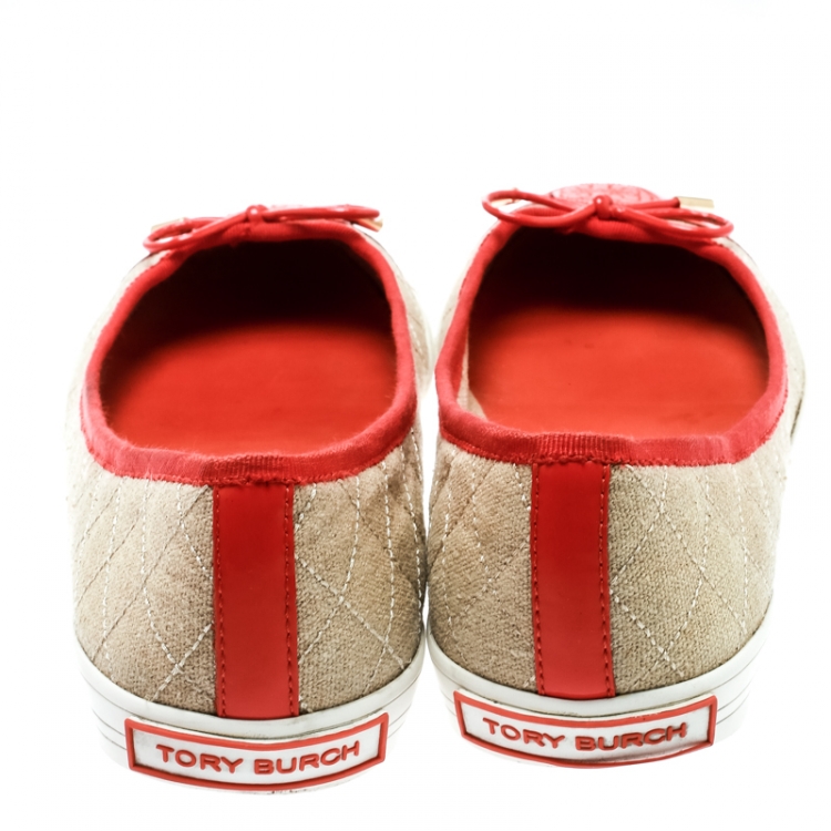 Pre Owned Tory Burch Beige Quilted Canvas And Orange Patent Leather Schuyler Ballet Flats Size 39.5