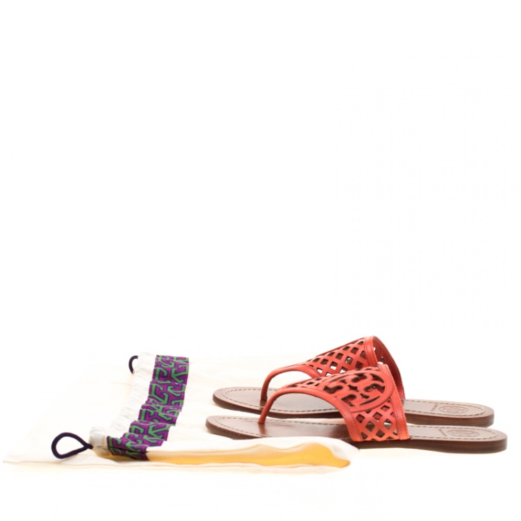 Pre Owned Tory Burch Orange Lattice Leather Flat Thong Sandals Size 36