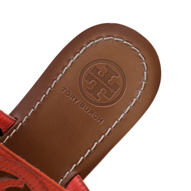 Pre Owned Tory Burch Orange Lattice Leather Flat Thong Sandals Size 36