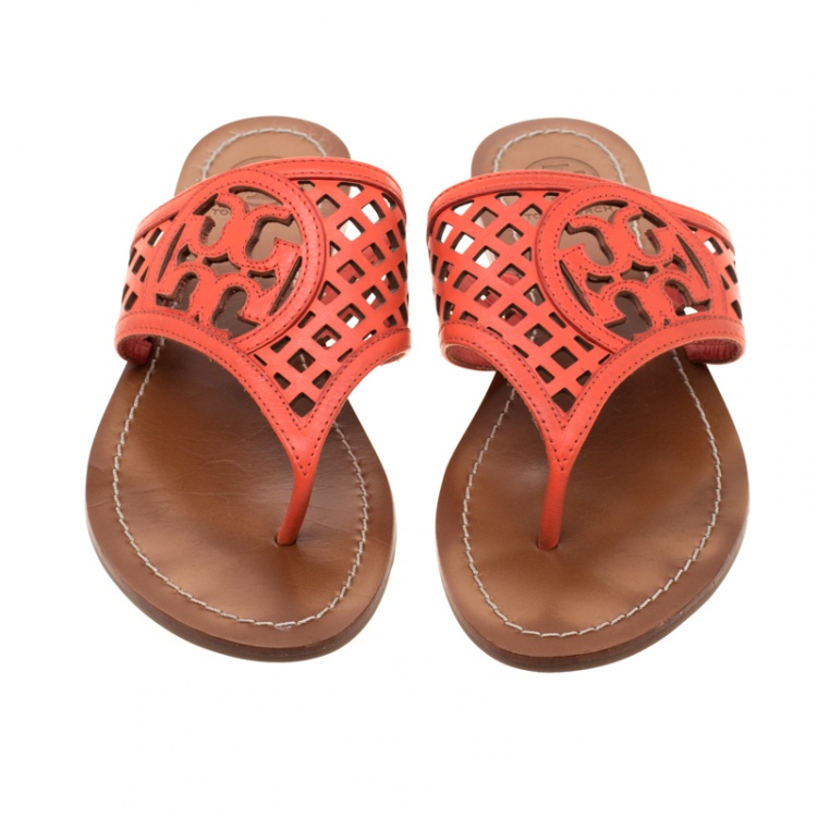 Pre Owned Tory Burch Orange Lattice Leather Flat Thong Sandals Size 36
