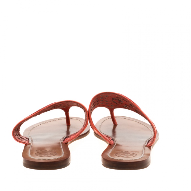 Pre Owned Tory Burch Orange Lattice Leather Flat Thong Sandals Size 36