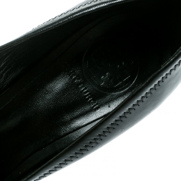 Pre Owned Tory Burch Black Leather Sally Wedge Pumps Size 38.5