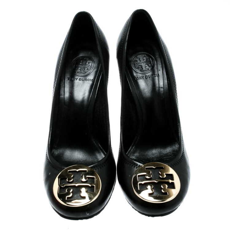 Pre Owned Tory Burch Black Leather Sally Wedge Pumps Size 38.5